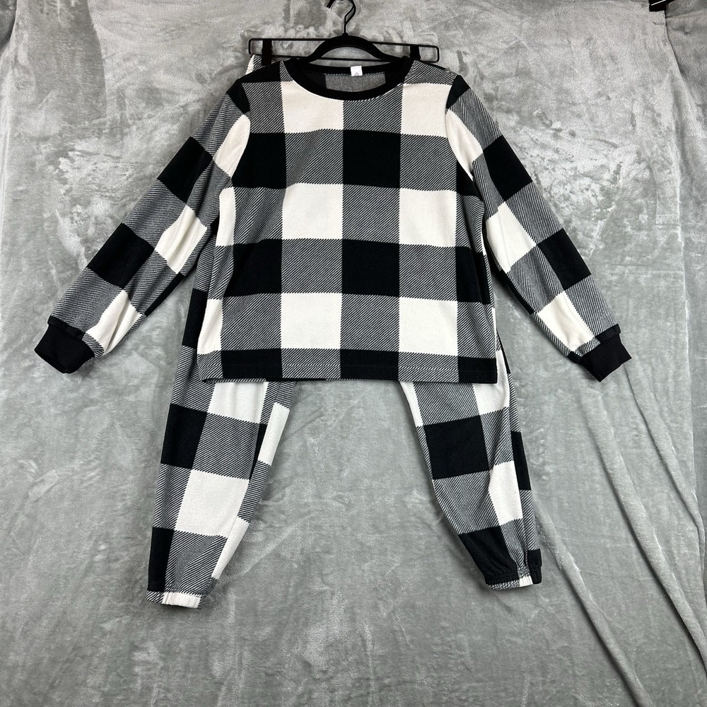 Old Navy Pajama Set Women's M Black White Buffalo Plaid Pockets 2 Piece Top Pant